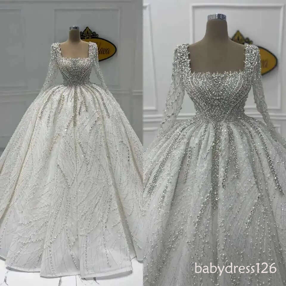 Exquisite beading dress graceful illusion long sleeve custom wedding dresses crystal pearls robe de