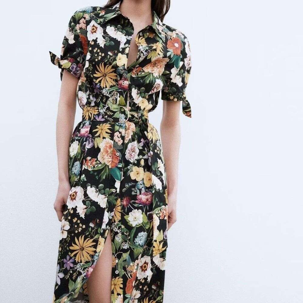 26 Spring/Summer French Elegant Long Floral Print Poplin Midi Dress With Bow Detail 2944216