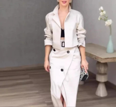 Womens Casual Temperament Two Piece Sets Outfit Notched Collar Long Sleeve Coat Skirt for Women 2 Pieces Autumn 250203