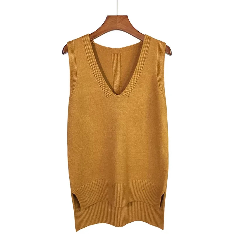 2024 Womens VNe Knitted Vest Faion Split Loose MidLength Sweater Trendy Open Bal Top for Spring Season 260130