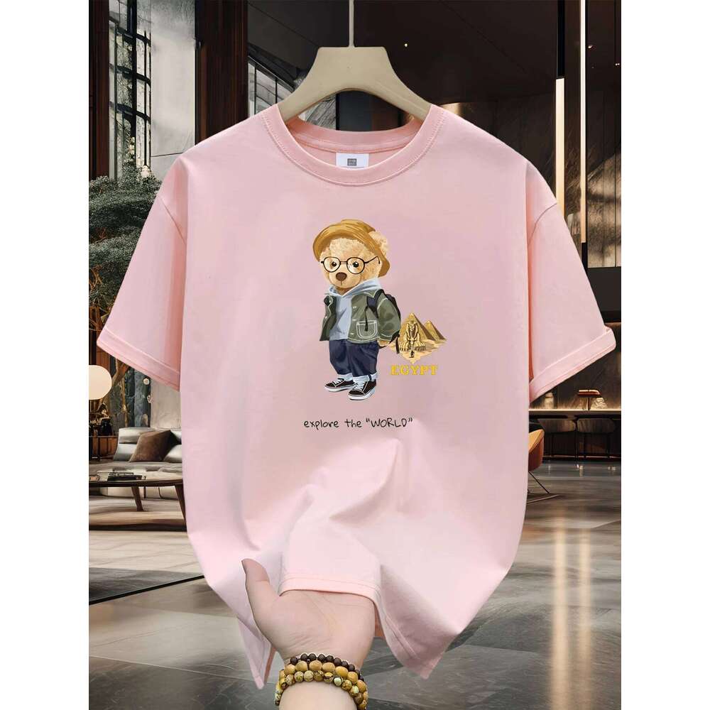 Men's Summer 100% Cotton Fashion Leisure Sports Loose Travel Bear Cartoon Pattern Printed Round Neck Short Sleeve T-shirt Top X260209