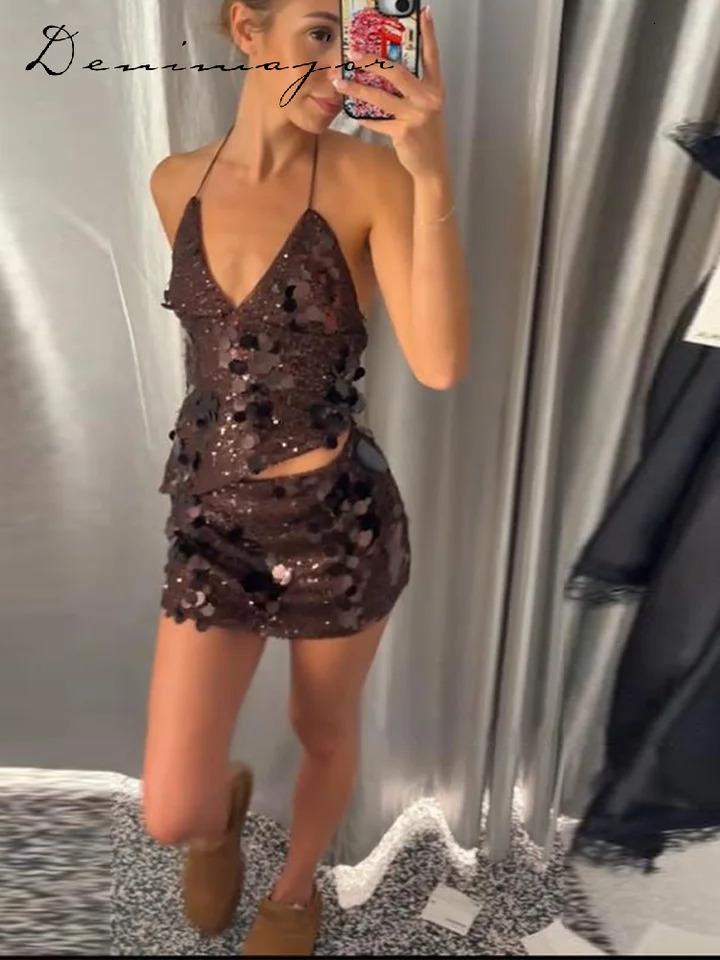 Sexy Sequin Mini Skirt Sets 2 Pieces for Women Halter Sleeveless Backless Vest Bodycon Skirt Suit 2026 Summer Party Club Outfits 260122