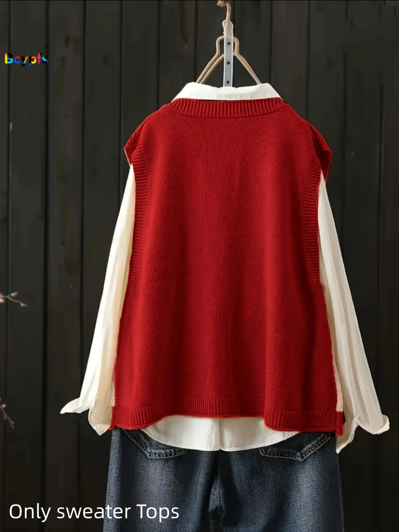 Womens Knitted Vest Shirt Set Sleeveless Red Beige Patchwork Loose Button Front Casual Daily Spring Autumn VintageFashionTops 260130
