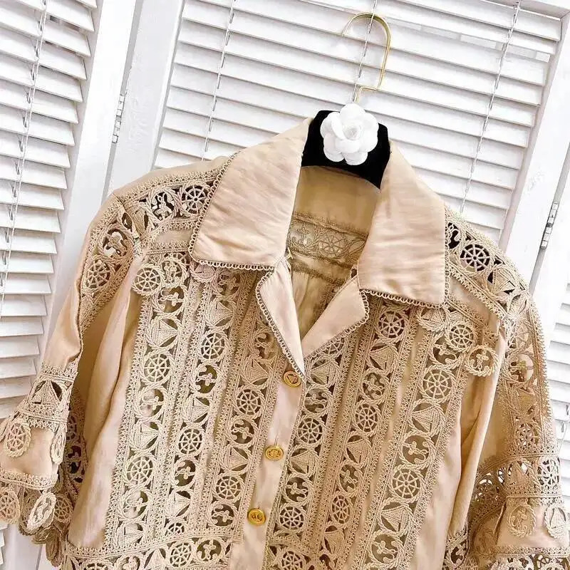 Hollow Out Dress Two Piece Set Womens Summer Holiday Embroidered Lace Jackets White Tops Pleated Short Skirts Suits 260208