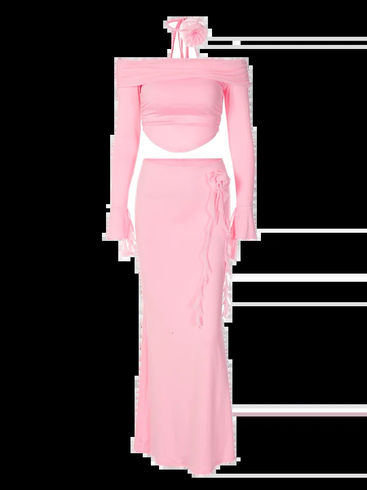 Dulzura Matching Suit Neck Accessories 3D Flower Off Shoulder Long Trumpet Sleeves Crop Top Tassel Maxi Skirt Autumn Women 260208