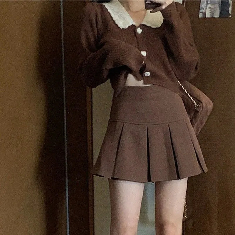 Vintage Brown Pleated Skirt Women Spring Summer Korean Style Y2K High Waisted Aline Mini Skirts Preppy Girls Causal 260126