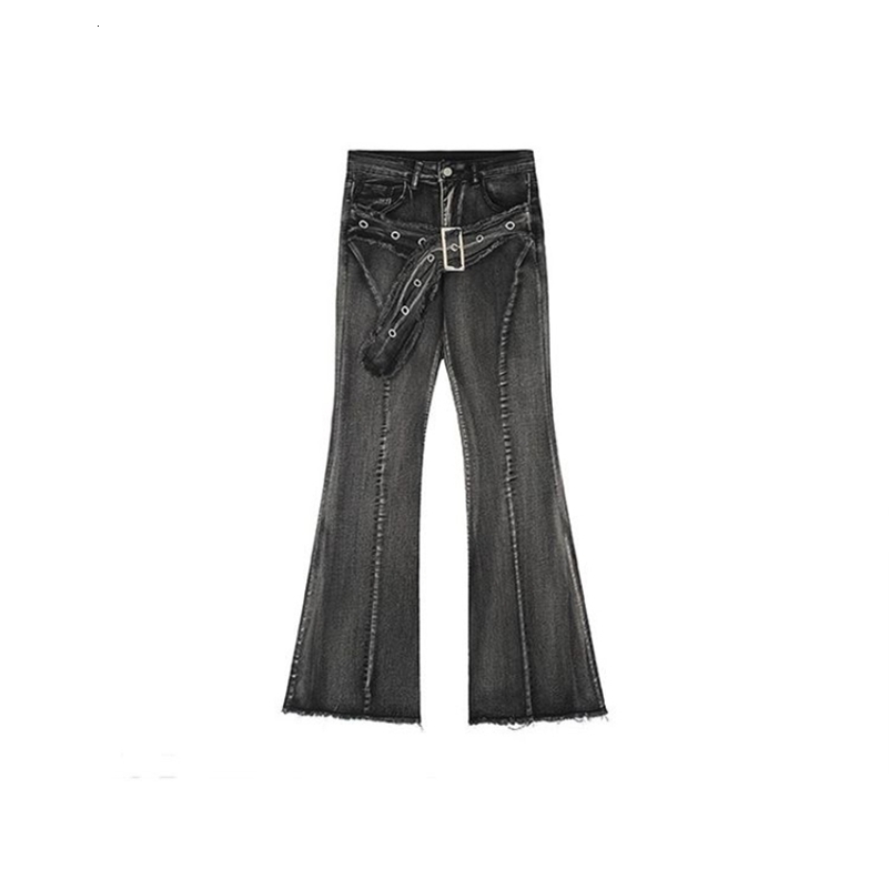 retro micro-flare women jeans ins fashionable streetwear girl style belt bristled slim straight pants 260120