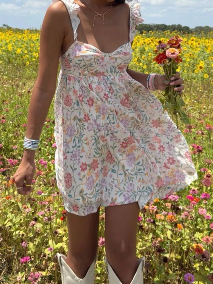 Women V-Neck Maxi Dress Sleeveless Ruffle Floral Print Boho Beach Dress Summer Casual Long Dress with Pockets 260118