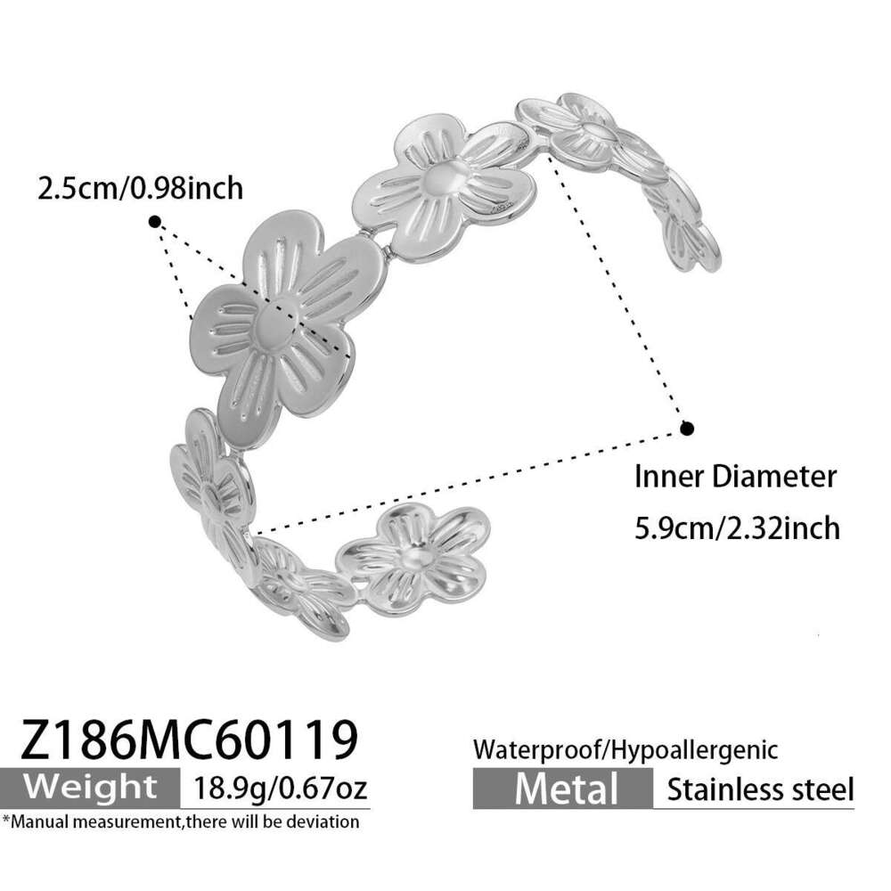 Heavy-duty exaggerated floral butterfly leaf design bracelet, stainless steel plated with 18K gold, open bangle, vintage women's jewelry