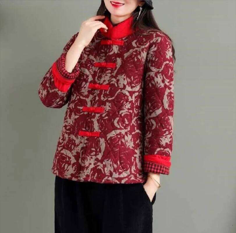 Mardi Hefxessdr Chinese Style Fashion Printing Women Cotton Jacket Winter Keep Warm Coat Ladies Casual Stand up Collar Jackets Size XL