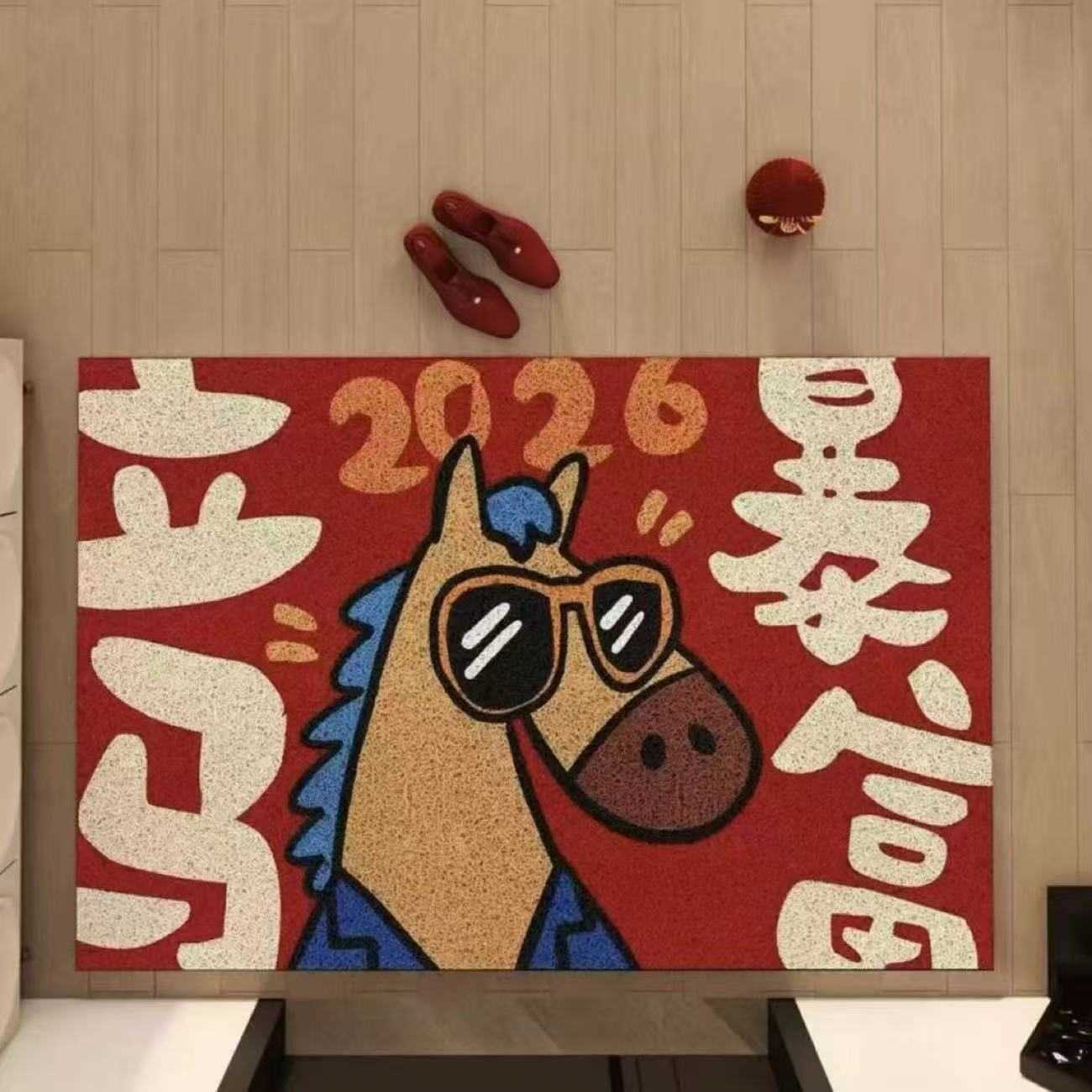 New Years Entryway Mat for the Year of the Horse Red PVC Coil Doormat Non-Slip Wear-Resistant Cuttable Dirt-Scratching Mat S260207