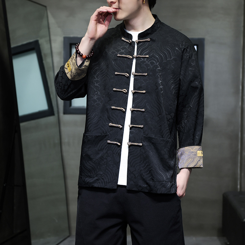 2026 New Chinese Style Men's Shirt Sea and Cliff Pattern High Quality Jacquard Button Stand Collar Tang Suit Coat Free Shipping Size M-5XL