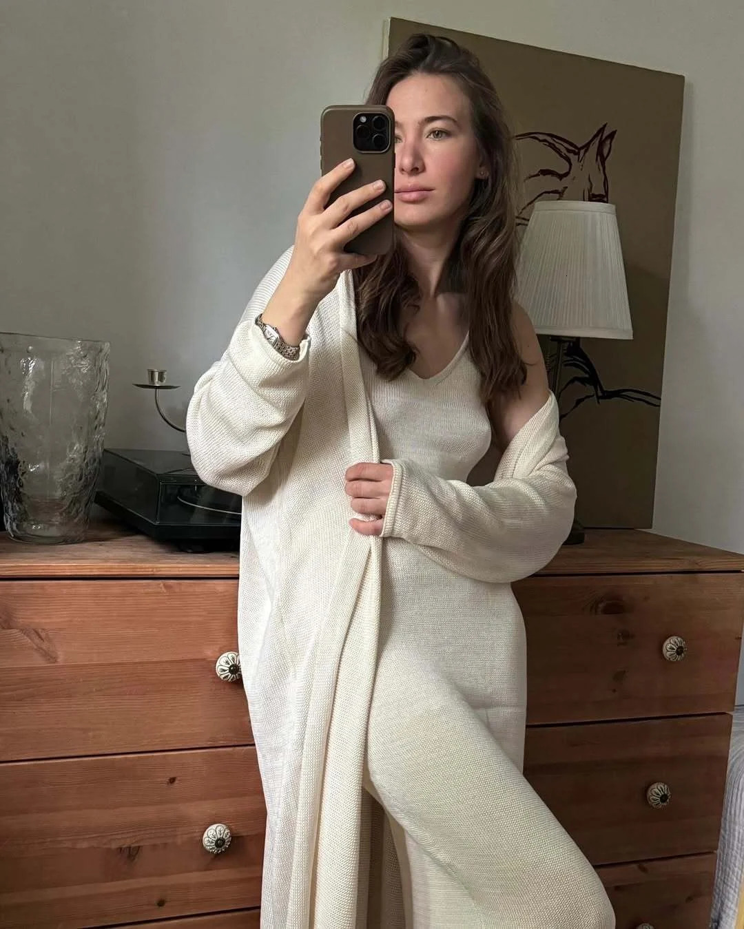 Hirsionsan Soft Loose Sets Women Two Pieces Long Sleeve Cardigan Vest Dresses Elegant Female Hollow Outfits Cotton Tracksuit 260208