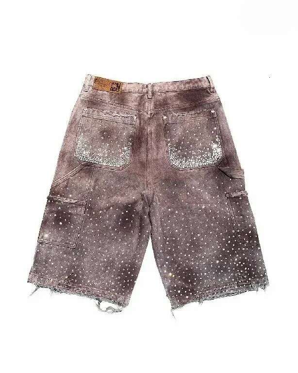 Mens Baggy Denim Shorts High Waist Street wear Jeans with Rhinestones and Sequins Casual American Hip Hop Gym Style