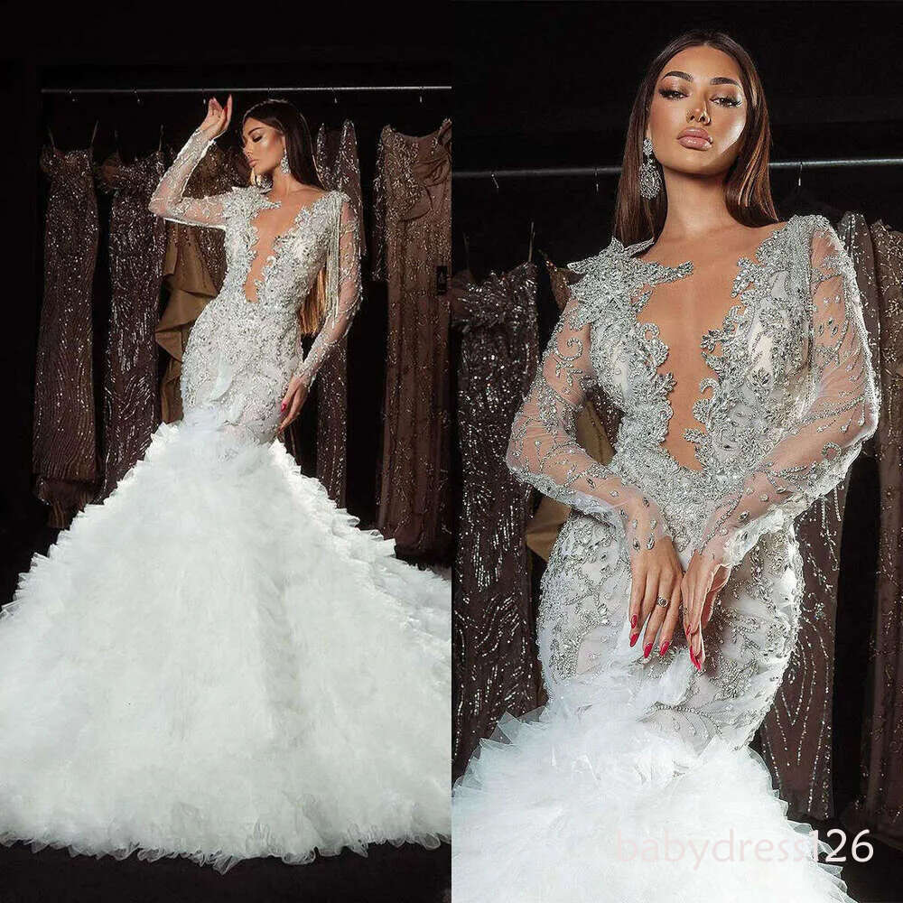 Wedding Dress Mermaid V-Neck Crystal Appliques Ruffles Long Sleeve Gorgeous Bride Vestido De Noiva Custom Made
