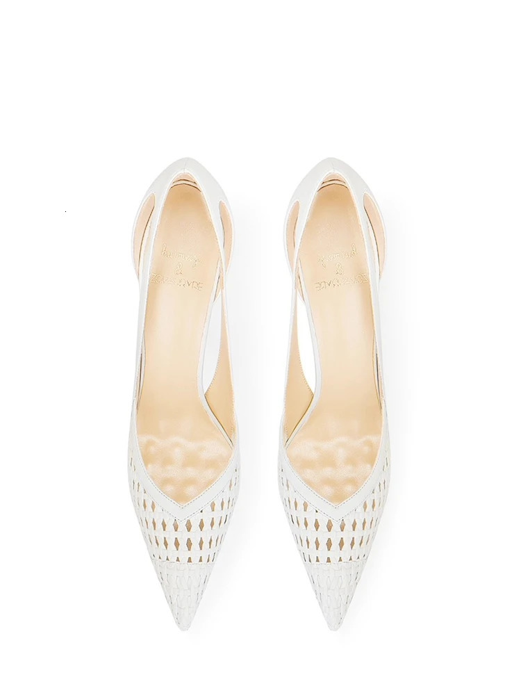 Thin highheeled sandals spring and summer pointed shallow knitted stitching shoes banquet large size small women 260208