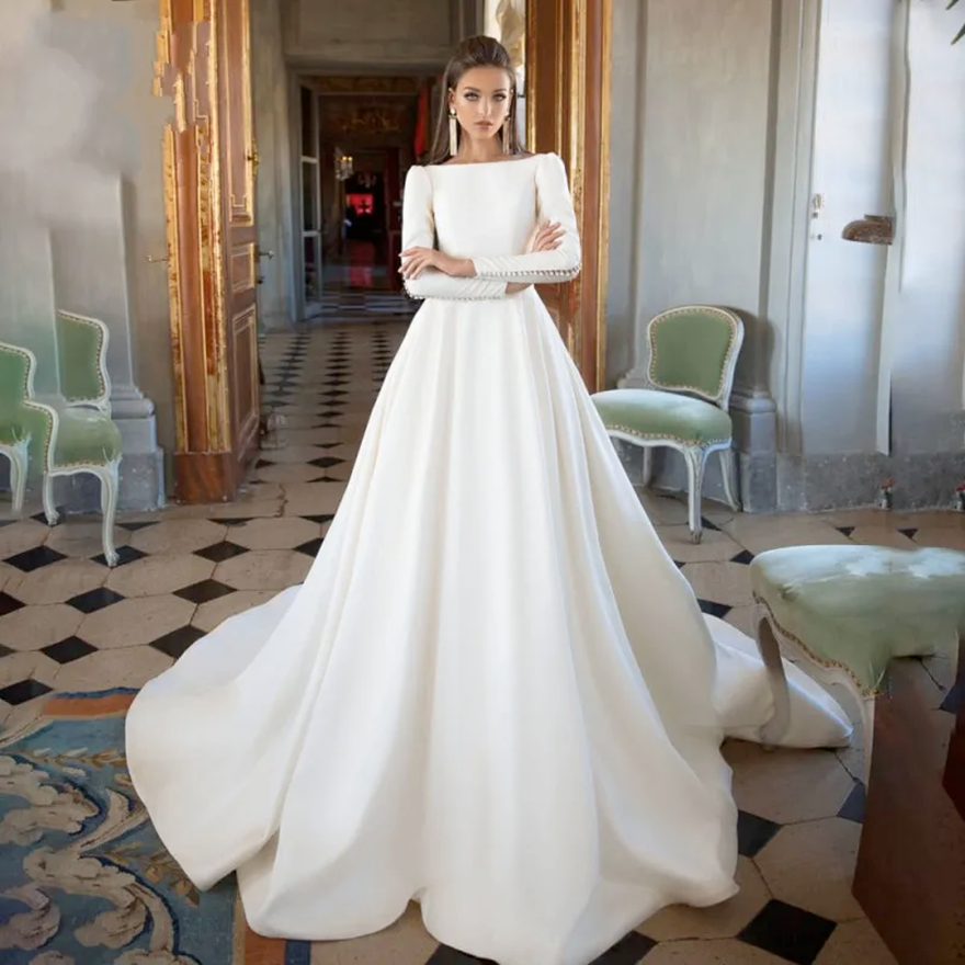 Hot Sale Long Sleeve Satin Wedding Dress 2026 Vintage Backless Princess A-Line Court Train Bride Grown Buttons Vestido De Mariee BC117