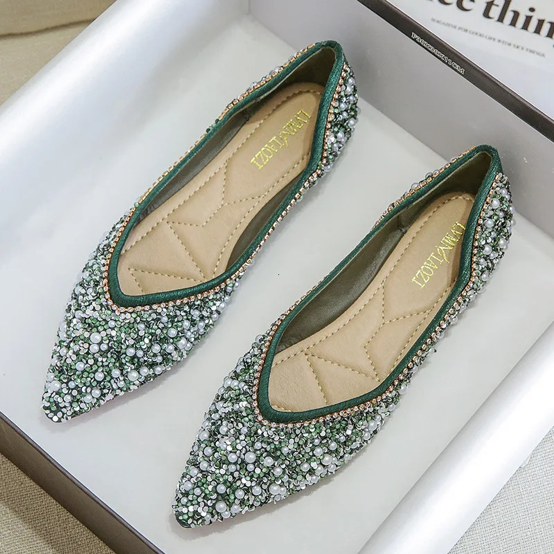 Green Sequin Beading Shoes Woman 2025 Spring Flats OL Ladies Office Work Ballets Pointed Toe Crystal Loafers Female Ballerines 260124