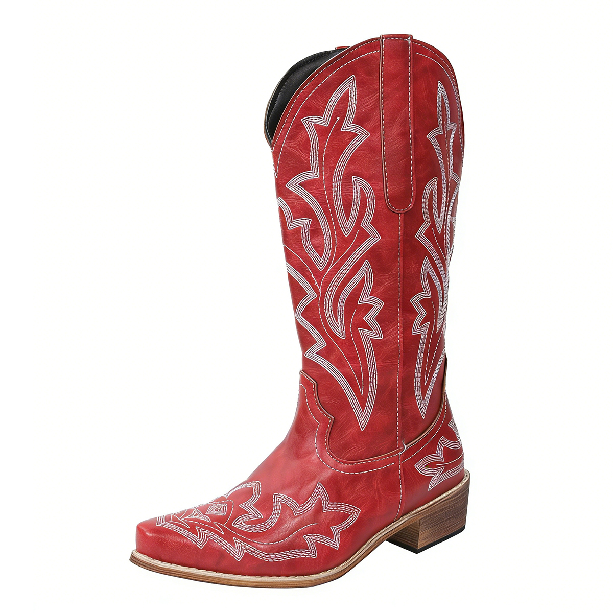 Vintage Boots Womens Embroidered Heeled Red Knee Hot High New Cowboy Boots, Western Style Mid-Calf Autumn Casual Shoes