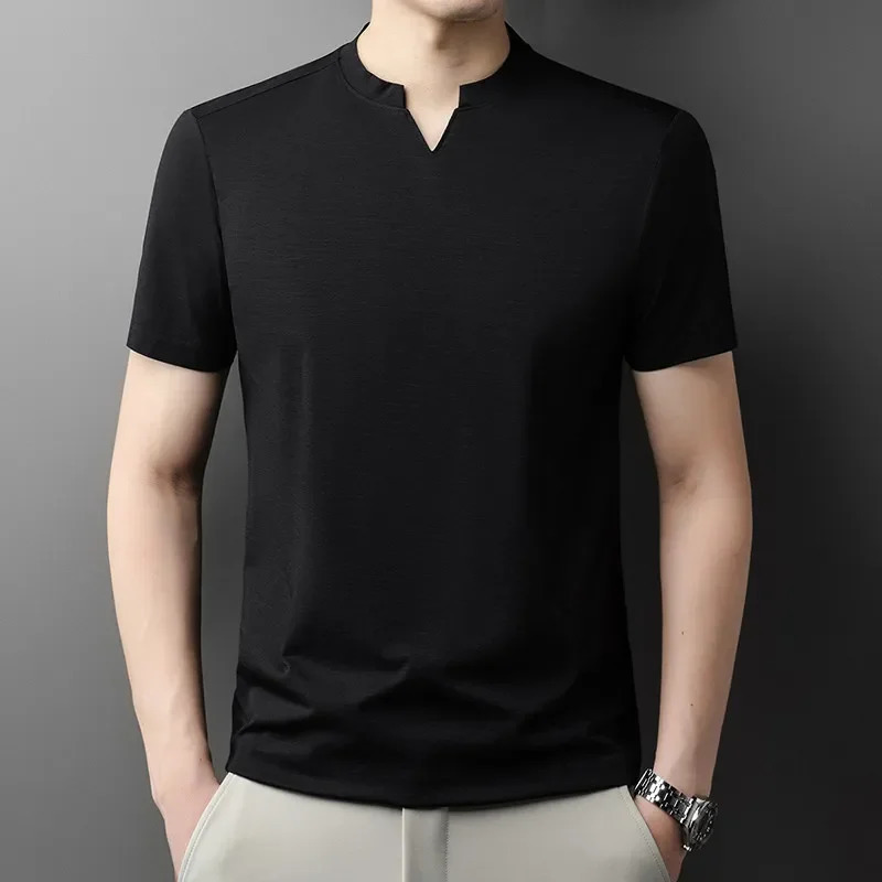 Korean Mens Casual and Fashionable Small V-neck Solid Color Short Sleeved T-shirt Comfortable Summer Versatile Top 260207