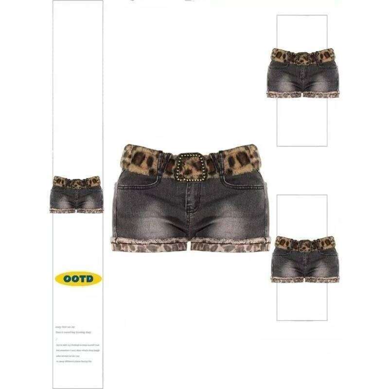 Y2k Subculture 2000s Short Jeans Leopard Women Casual American Retro Low Waist Streetwear Patchwork Zipper Bodycon Sexy Summer H260209
