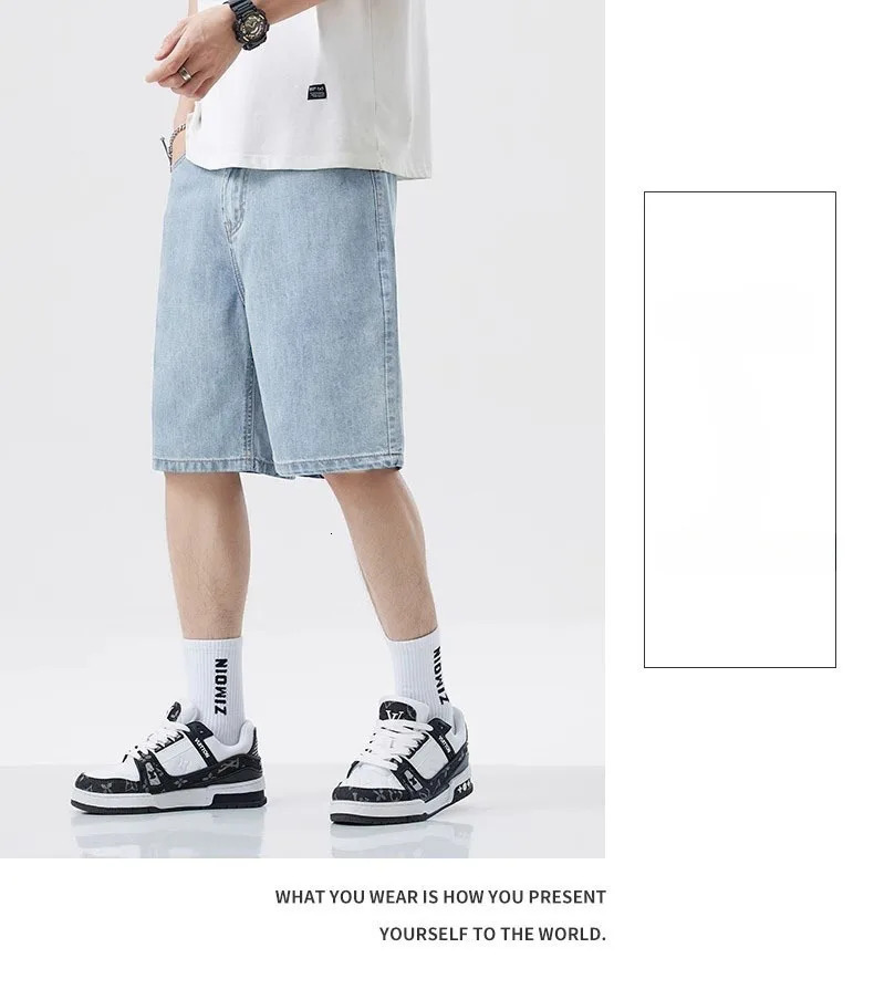Spring Summer Mens Denim Shorts Solid Color Straight Five Points Fashion Trend Middle Waist Casual Short Pants 260208