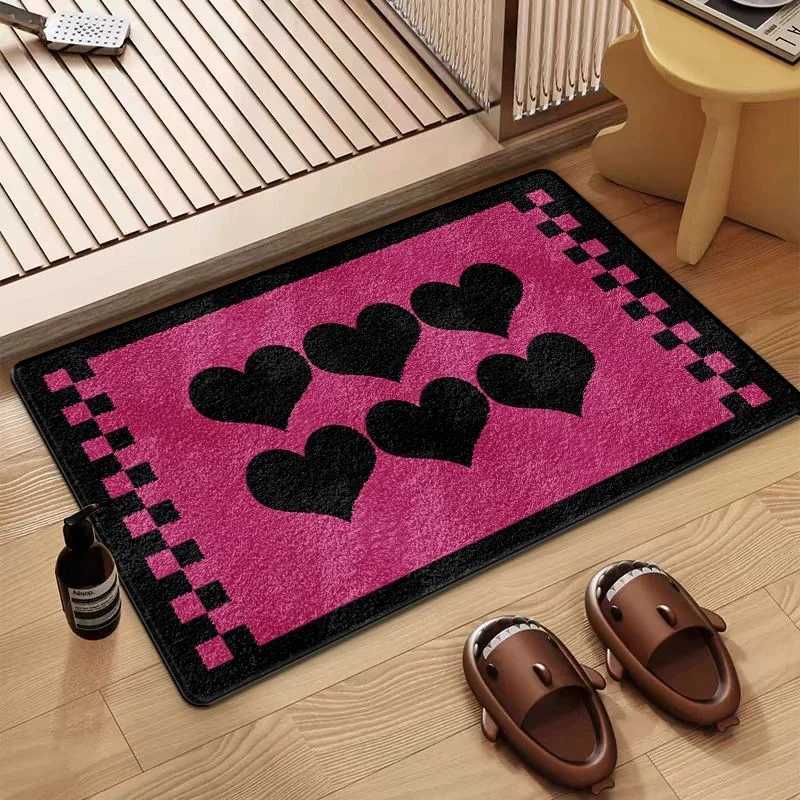1pc Black Checkered Border with Pink Heart Welcome Mat Non Slip Entryway Rug for Living Room Indoor Outdoor Floor Mat Decor S260207