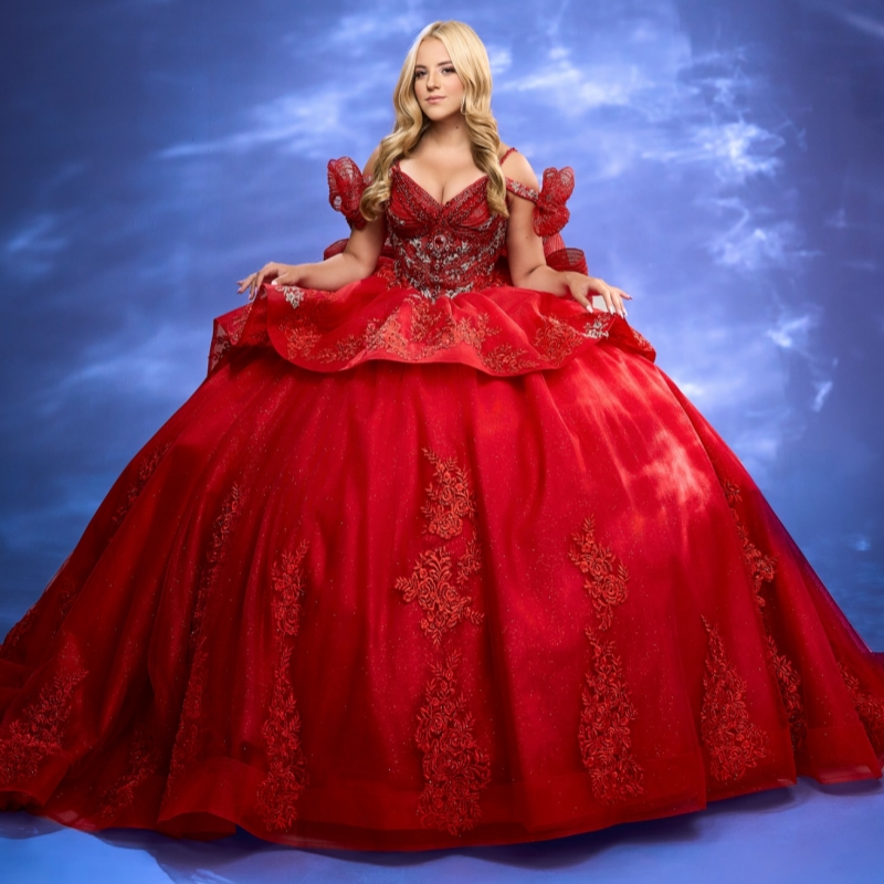 Red Quinceanera Dresses Ball Gown Off The Shoulder Applique Lace Beading Crystal Bow Tull Sweet 16 Dress Vestidos 15 Anos