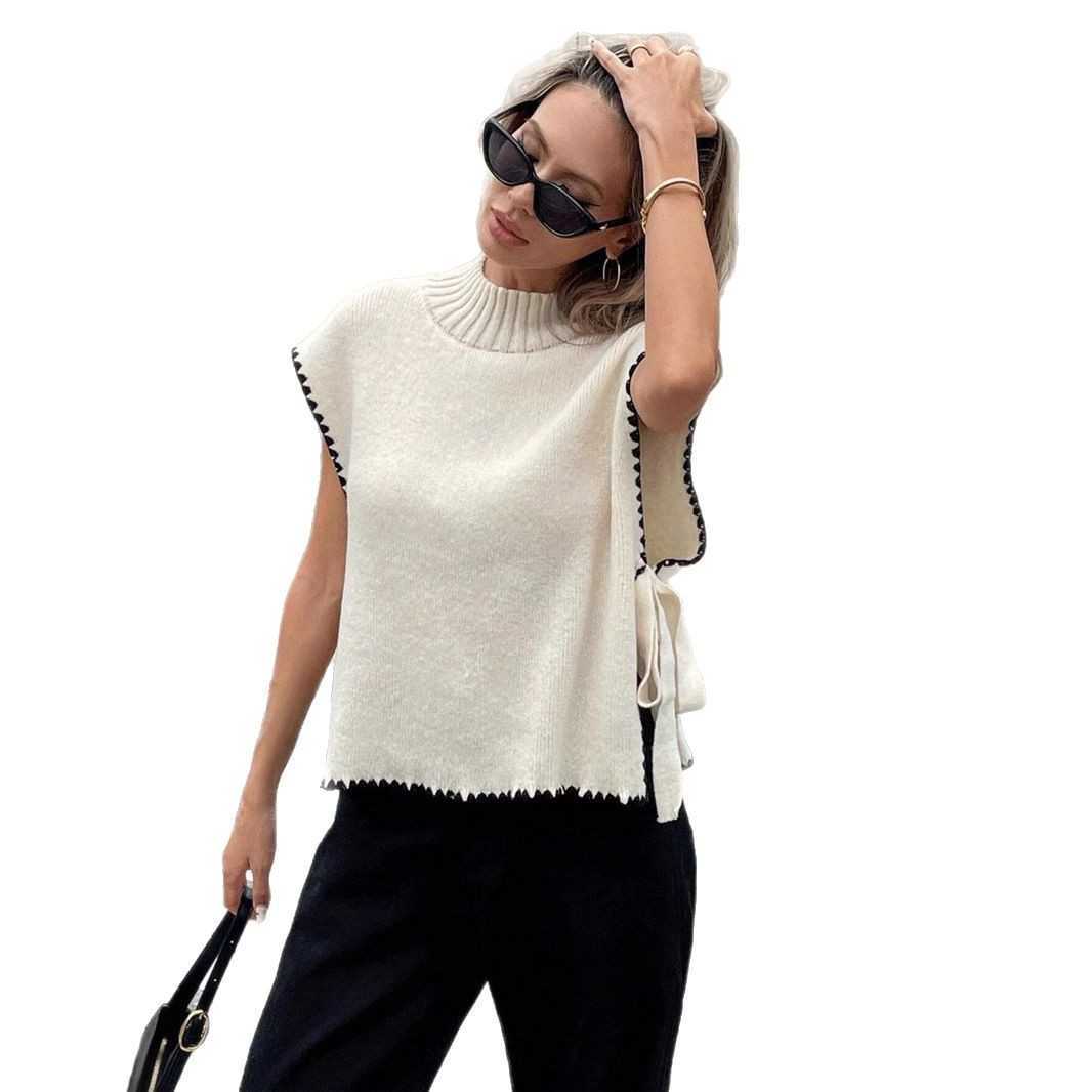 Women's Sleeveless Sweater Vest Minimalist Design with Contrasting Color Bow Tie-Front Top