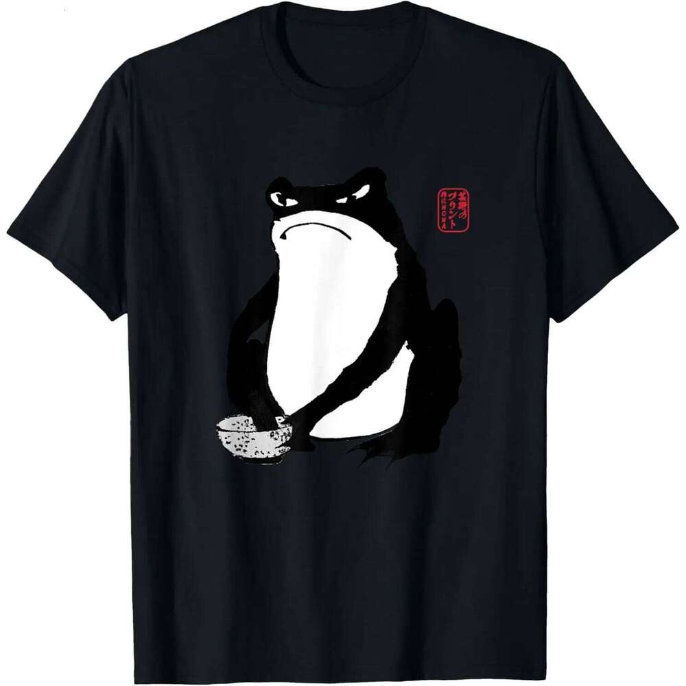 Grumpy Frog Drinking Matcha Japanese Art Style Graphic Tee Casual Cotton T-Shirt X260209