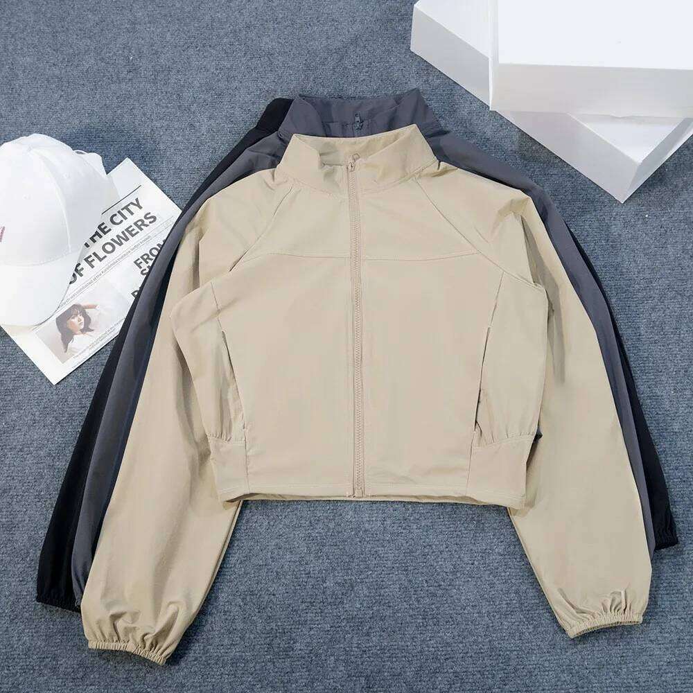Yoga Wear American Style Sports Windproof Stand Collar Sun Protection Breathable Top Outdoor Quick-Dry Short Zipper Women 26Y0209