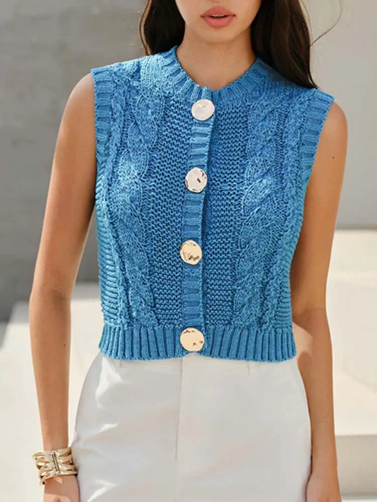 Womens blue twisted rope pattern woolen round neck cardigan vest with gold button n suitable for home and daily travel 260130