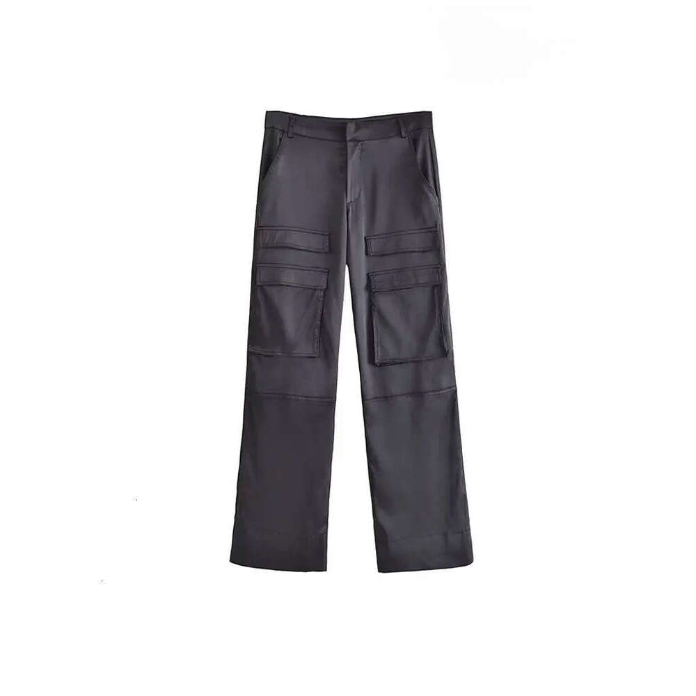 Women's Capris TRAF Women Fashion With Pockets Satin Cargo Pants Vintage High Waist Zipper Fly Female Trousers Mujer 230321 H260209