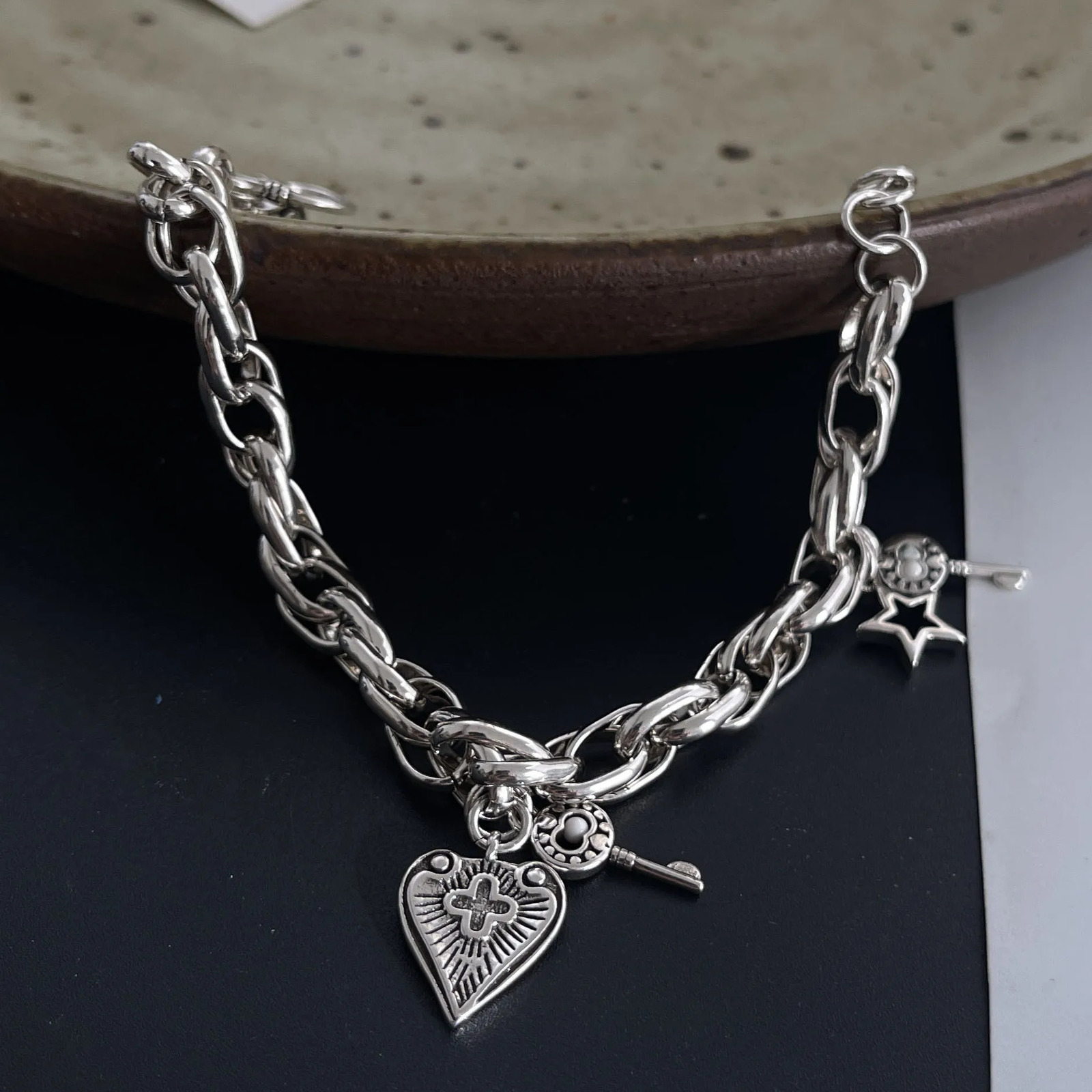 925 Sterling Silver Bracelets for Women Men String Accessories Trend Vintage Heart Cross Shape Pendant Party Jewelry Gift 260128