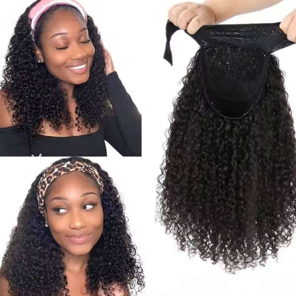 Kinky Headband Wig Human Curly Bob For Women 100% Real Bobo Full Machine Made Wigs Natural Black Hair VMS