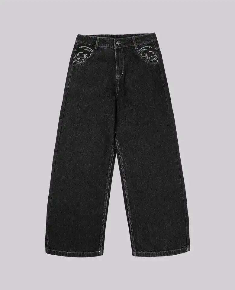 90s Retro Street Embroidery Male R&B Solid Color Loose Straight Pants Female Y2K Harajuku Hip Hop Punk Style Men Jeans