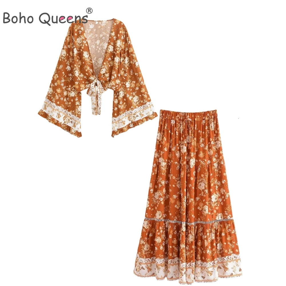 Boho Queens Women Two Piece Outfits Ruffle Maxi Skirts And Coverups Bohemian Tassel Drawstring 2 Pieces Sets 250203