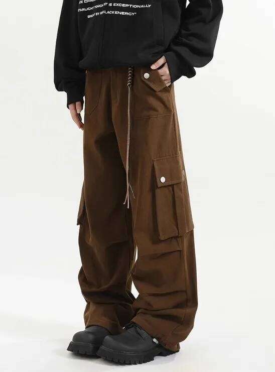 Retro Melange Brown Paratrooper Work Unisex Autumn Loose Straight-Leg Wide-Leg Casual Floor-Length Trousers