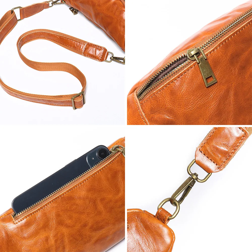 Unisex Milled TopGrain Leather Chest Bag 2025 Summer Lightweight Crossbody Phone Pouch Casual Mini Backpack for Men Women 260208