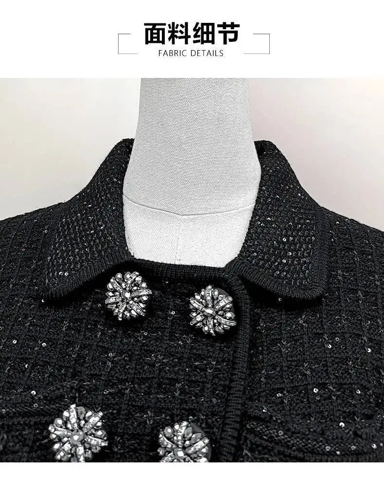 Autumn Double Breasted Diamonds Crystal Beading Knitted Cardigans Jackets Midi Long Pencil Skirts Women Two Piece Sets 260122