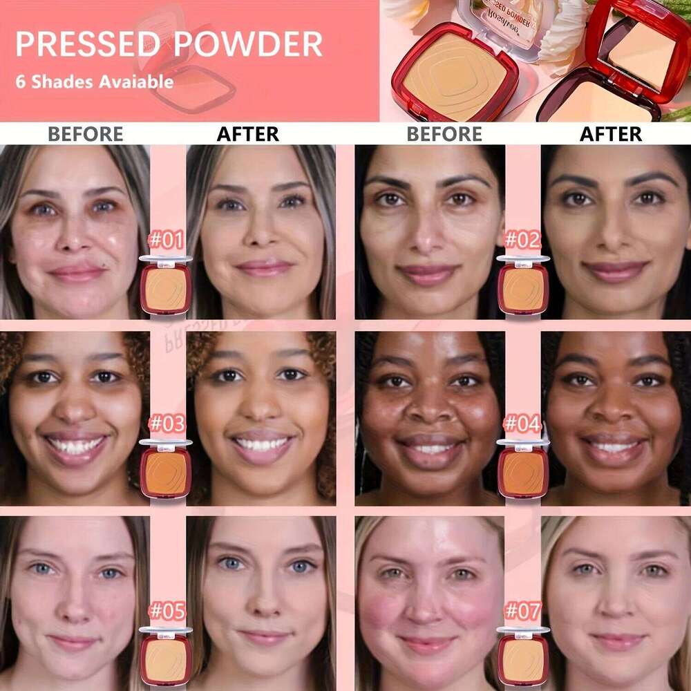Full Coverage Pressed Foundation With Puff Applicator, 24H Wear Matte Weightless Finishing Powder Makeup 26L0209