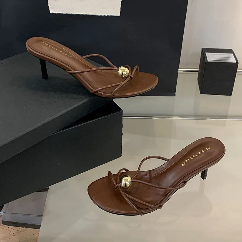 Thin Heels Footwear Slippers Slides Shoes For Women Metal Fashion Round Toe Ladies High Female Sandals 2025 260208