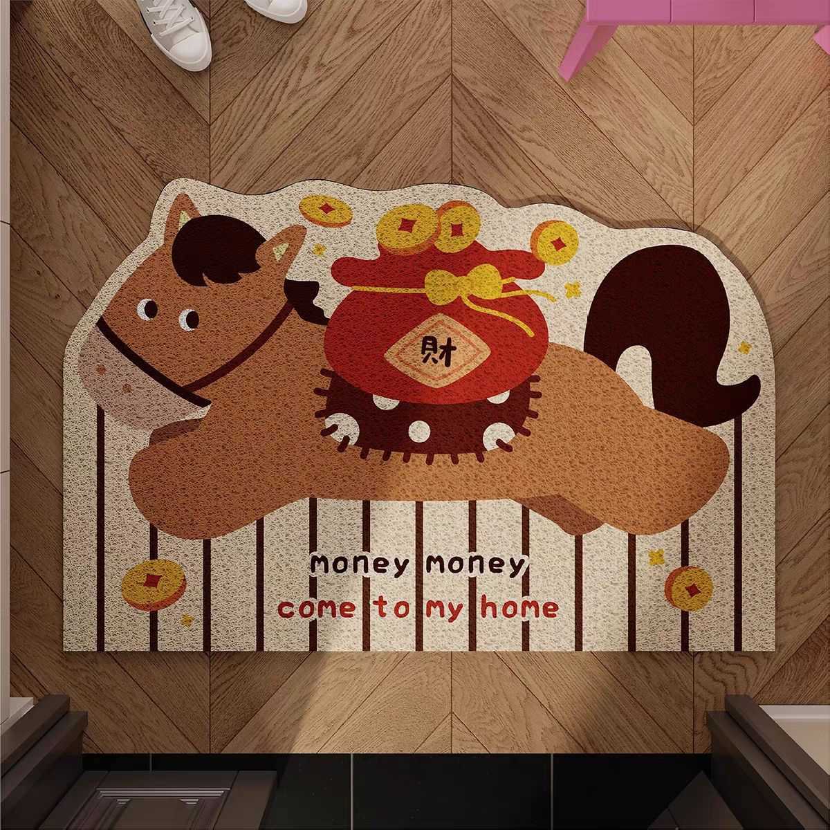 Year of the Horse Doormat Entrance Mat Outdoor Mud Scraper Dust Removal Cartoon Style Wire Loop Doormat Home Use Customizable Doormat S260207