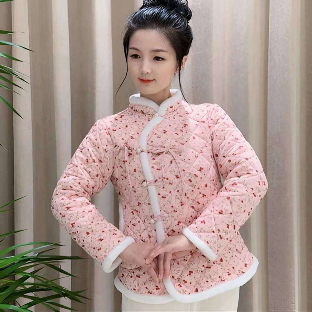Mardi Hefxessdr Chinese New Year Cotton for College Girls National Style Floral Padded Jacket Plush Lined Thickened Winter Coat