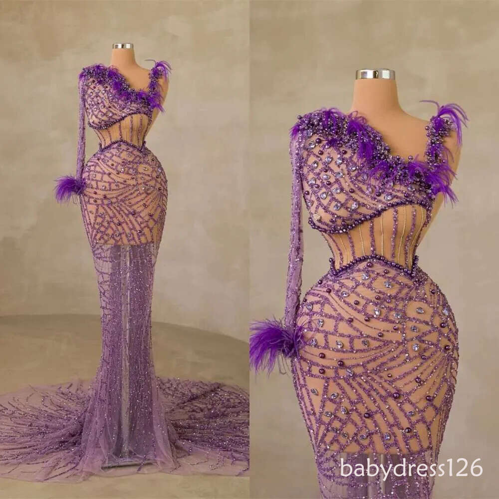 One Shoulder Stone Beaded Party for Women Illusion Crystal Feathers Personalized Evening Dress Formal Occasion Dresses