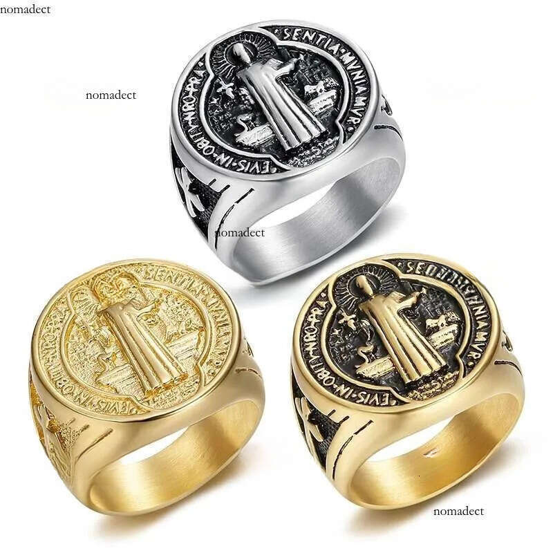 Titanium Steel Catholic Patron Saint St Benedict of Nursia Holy Medal Cross Round Finger Rings for Men Punk Jewelry 64
