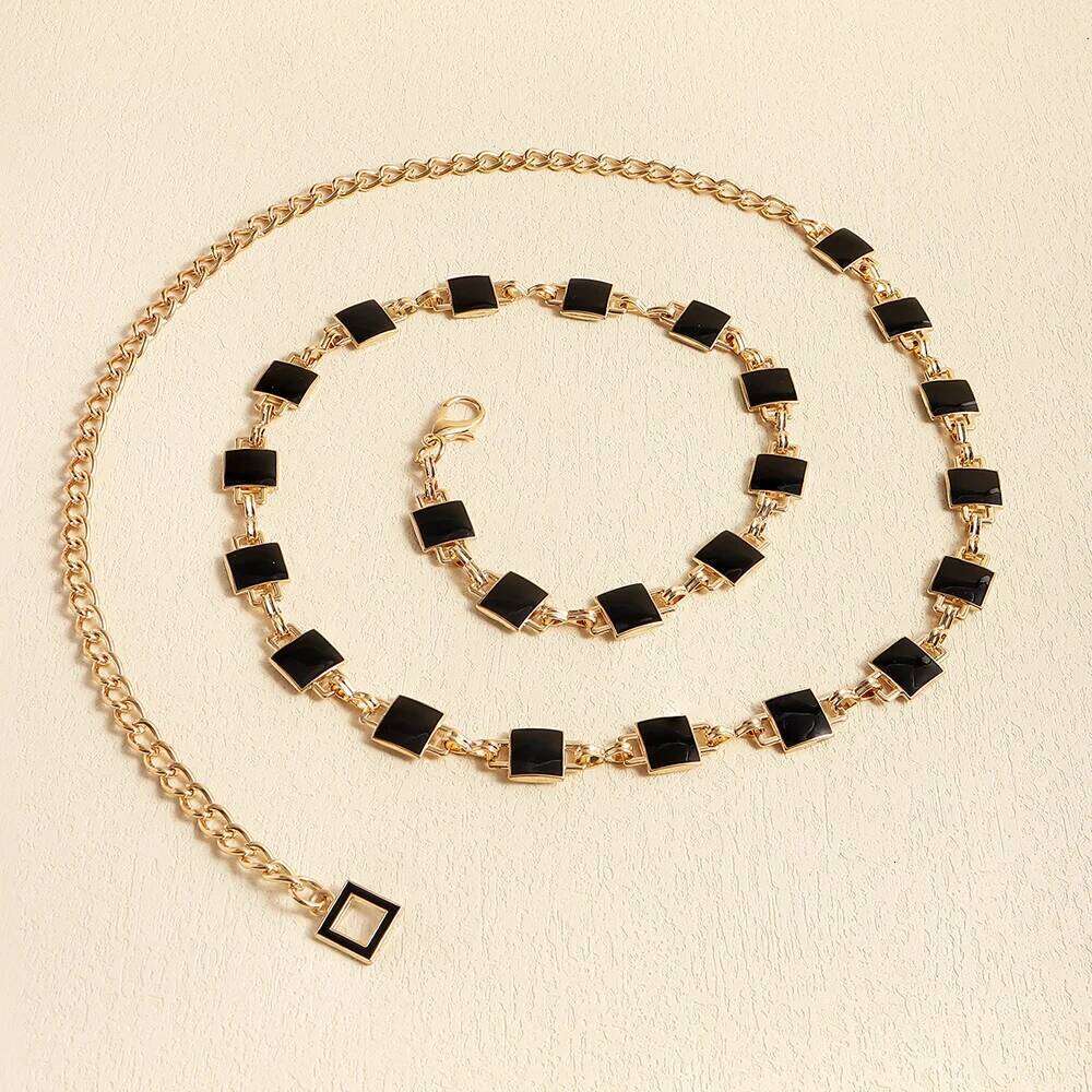 Metal women's waist double-sided black and white square belt body simple chain dress X260209