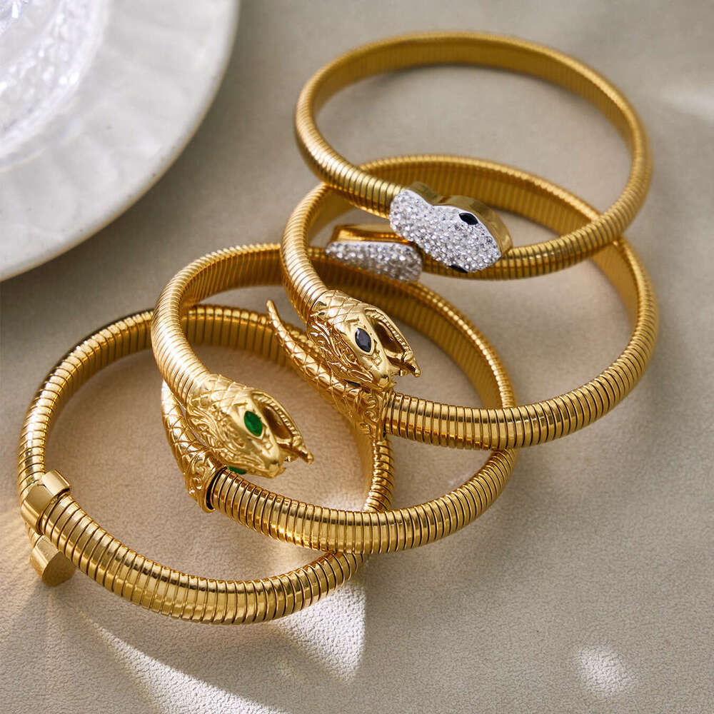 Stainless steel snake-shaped zircon open plated with 18k gold, ins geometric heavy-duty design, unisex personalized light luxury bracelet