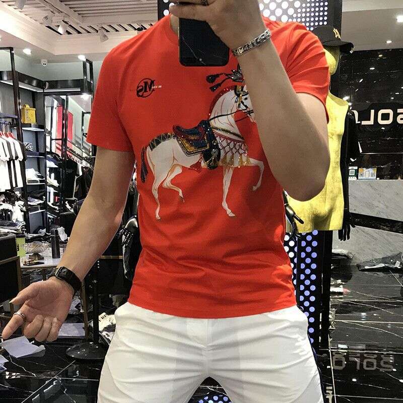 Men's Short-Sleeve T-Shirt 2022 Spring/Summer Trendy Brand New Style Mercerized Cotton Personalized Rhinestone Decoration High-End Half-Sleeve Te