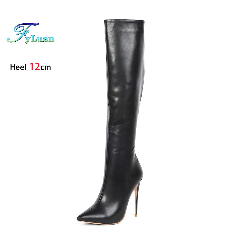 Black Pointed Boots For Woman 12CM Stiletto Fashion Women Party Winter Shoes Plus Size 43 44 45 Back Zipper Midcalf 260208